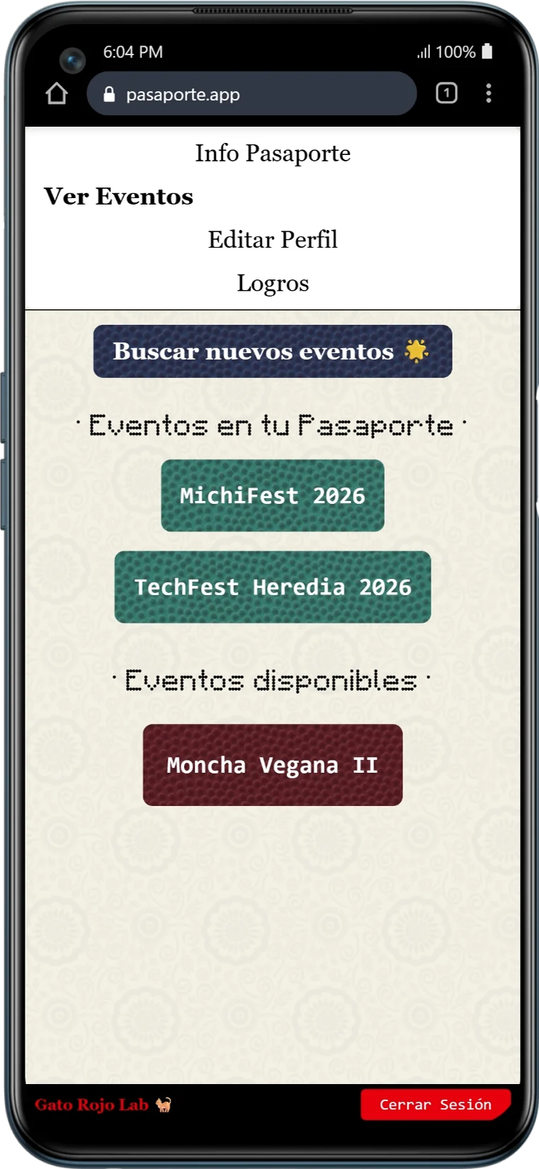 screenshot que muestra una pantalla de Pasaporte.app